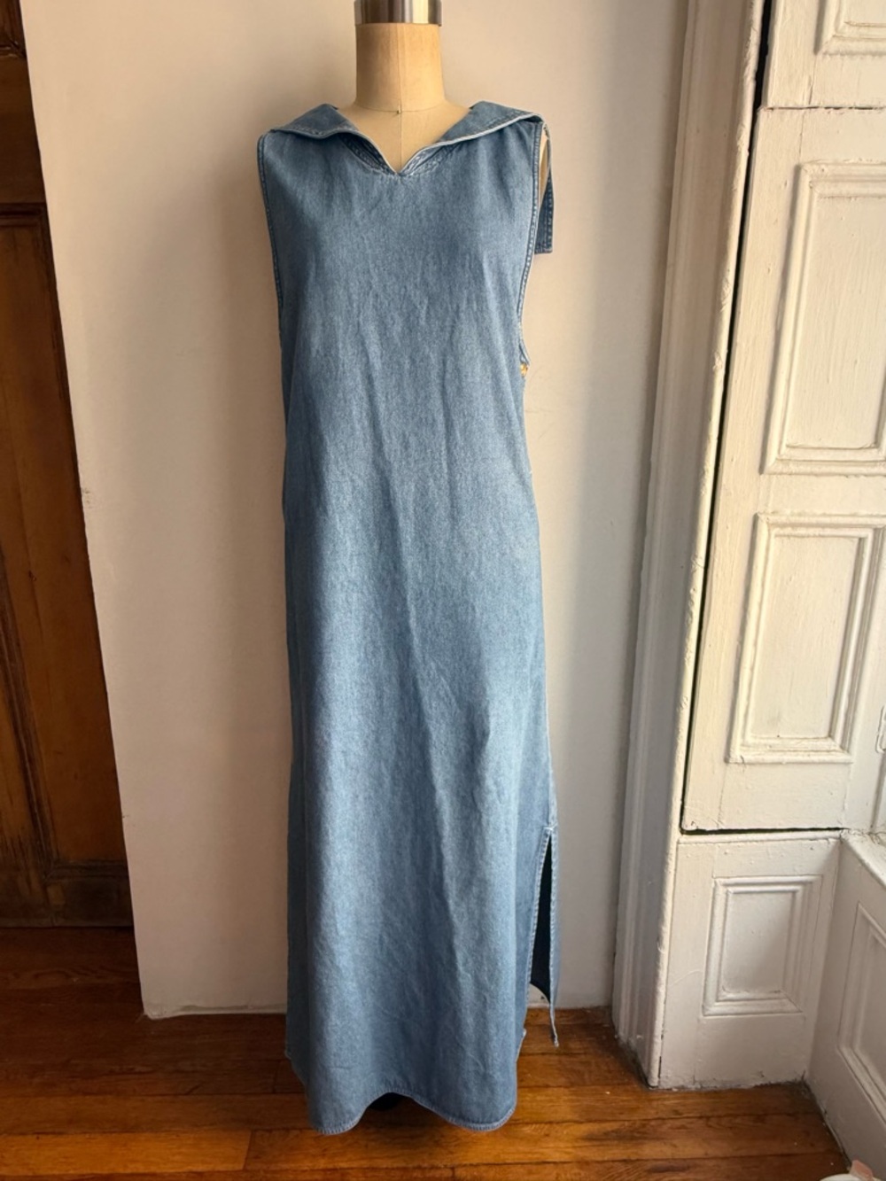Vintage Denim Cotton Sailor Maxi Dress Large Collar Minimalist Structured - Picture 5 of 9